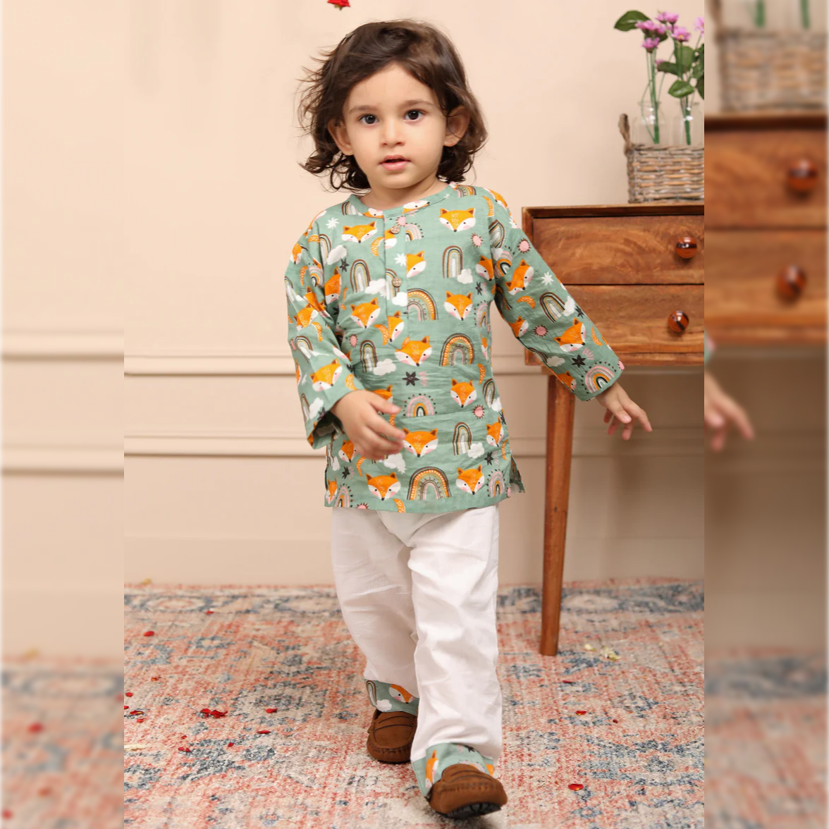 Polka Tots Cotton Full Sleeves Wolf Rainbow Print Kurta Set, Traditional Ethnic Wear - Green
